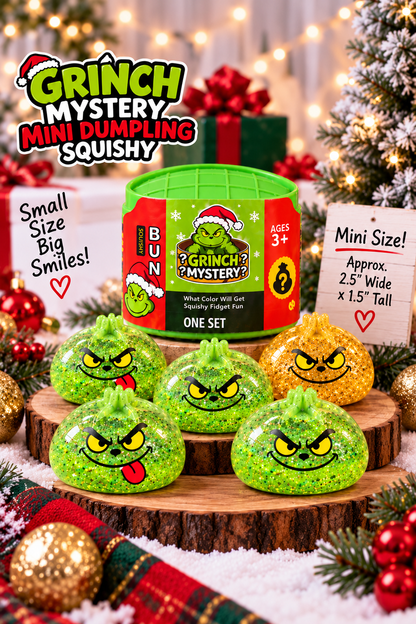 BUN Mini Grinch mystery dumpling glitter pinch squishies professionally displayed in a Christmas scene