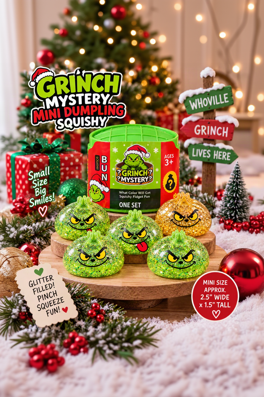 BUN Mini Grinch glitter pinch squishies and mystery steamer case in a professional holiday lifestyle display