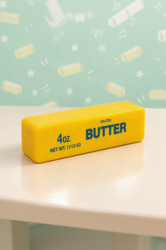Unwrapped yellow butter-stick squishy showing the novelty salted butter printing.