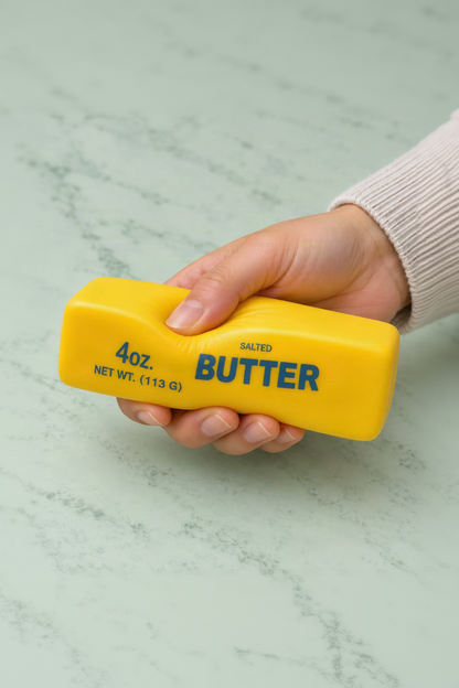 Adult hand gently squeezing the yellow extremely slow-rising butter-stick squishy.