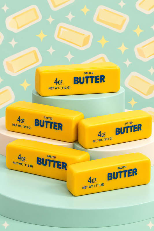 Multiple unwrapped yellow butter-stick squishies on a tiered pastel display; sold individually.