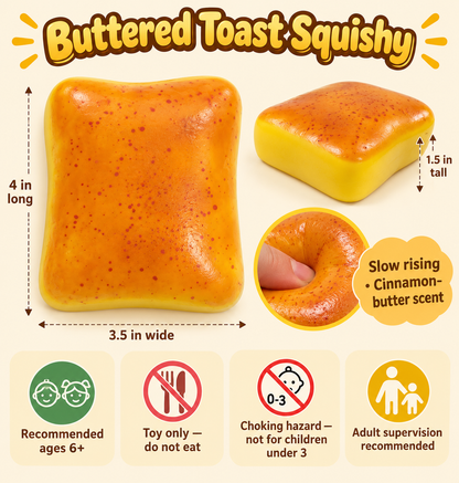 Buttered toast squishy — dimensions and safety information