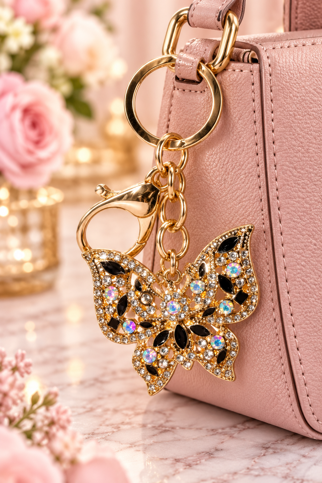 Gold-tone black rhinestone butterfly keychain on blush handbag