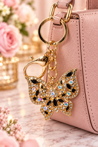 Gold-tone black rhinestone butterfly keychain on blush handbag