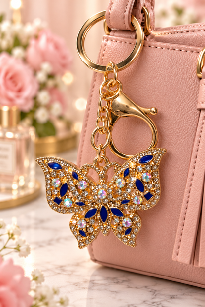 Gold-tone blue rhinestone butterfly keychain on blush handbag