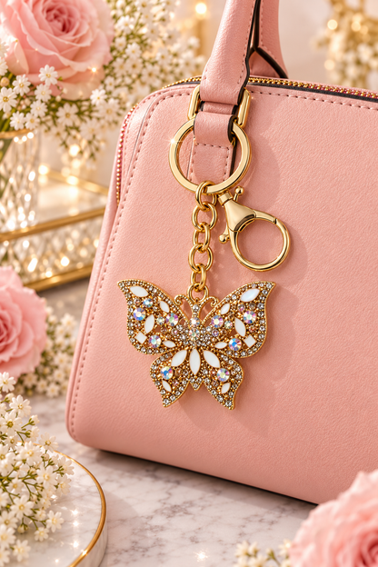 Gold-tone clear iridescent rhinestone butterfly keychain on blush handbag