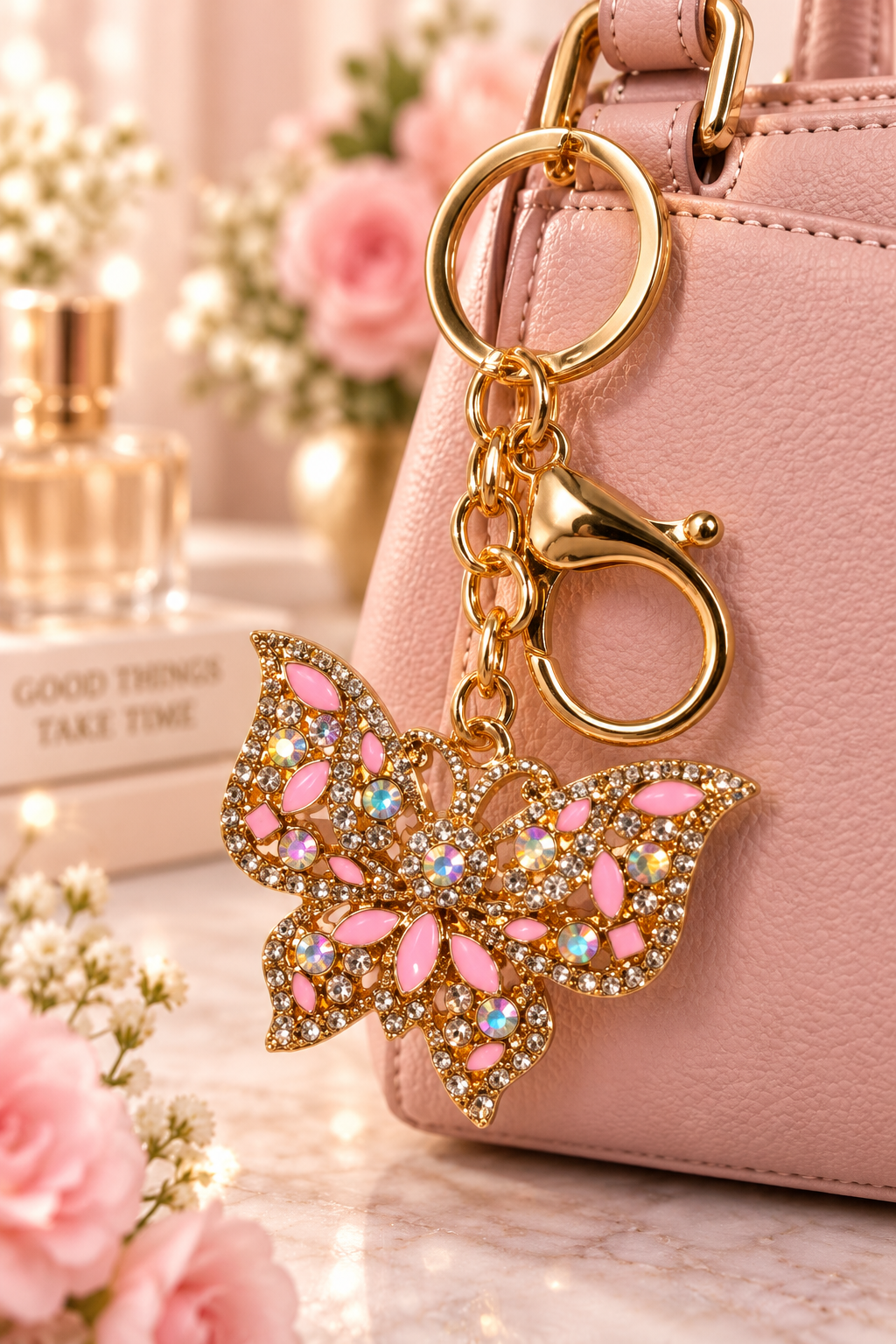 Gold-tone pink rhinestone butterfly keychain on blush handbag