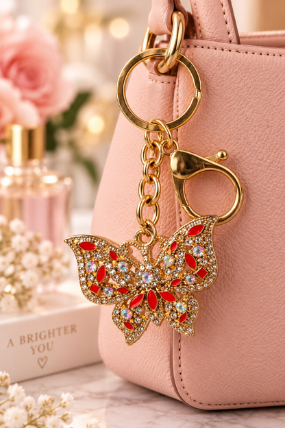 Gold-tone red rhinestone butterfly keychain on blush handbag
