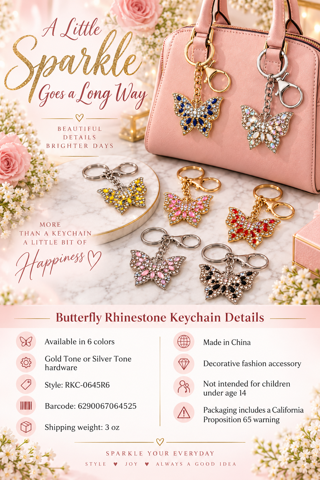 Butterfly rhinestone keychain details and safety information