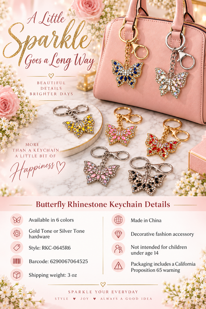 Butterfly rhinestone keychain details and safety information