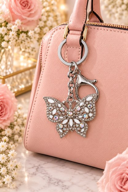 Rhinestone butterfly keychain displayed on a blush handbag
