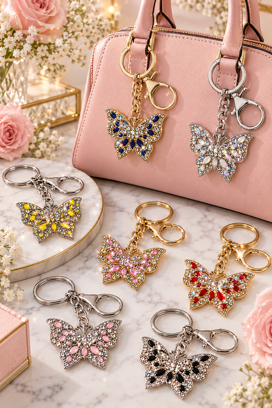 Chloe Accessory rhinestone butterfly keychains in assorted colors and gold-tone or silver-tone finishes
