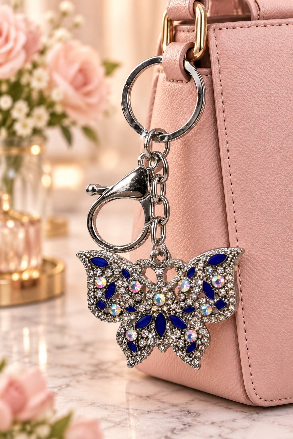 Silver-tone blue rhinestone butterfly keychain on blush handbag