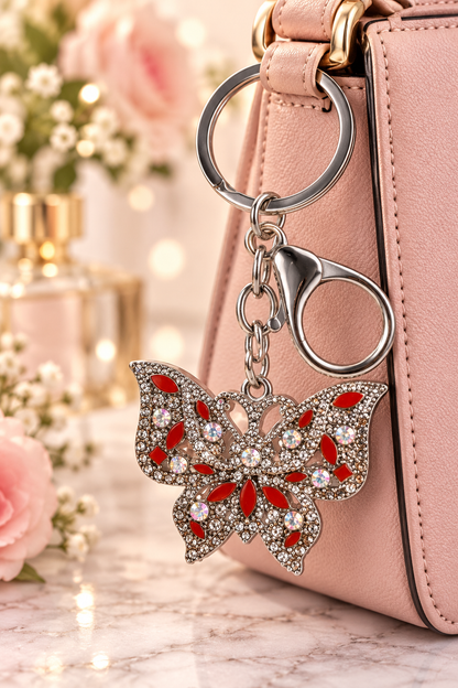 Silver-tone red rhinestone butterfly keychain on blush handbag