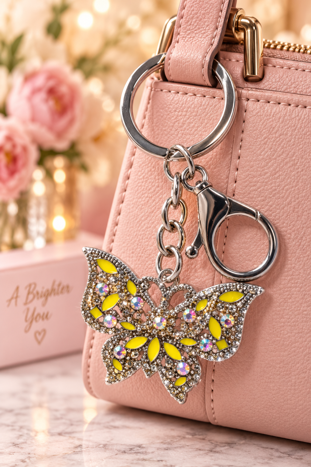 Silver-tone yellow rhinestone butterfly keychain on blush handbag