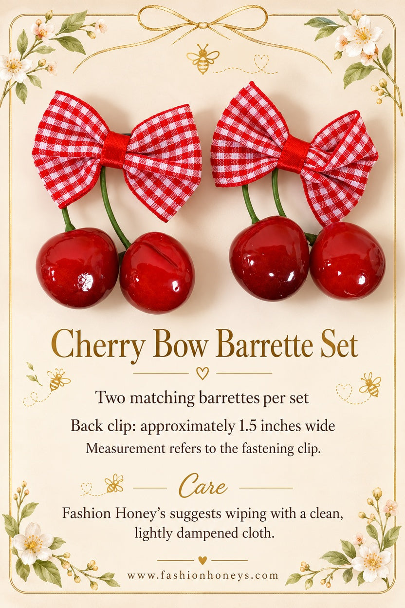 Cherry bow barrette set size and care guide; back fastening clip approximately 1.5 inches