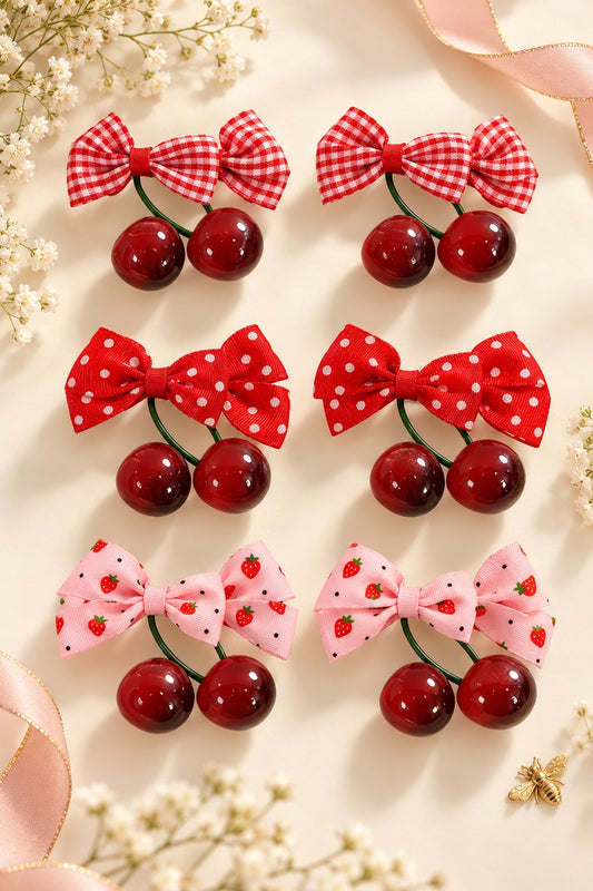 Three styles of cherry bow barrette pairs; one selected two-piece set sold