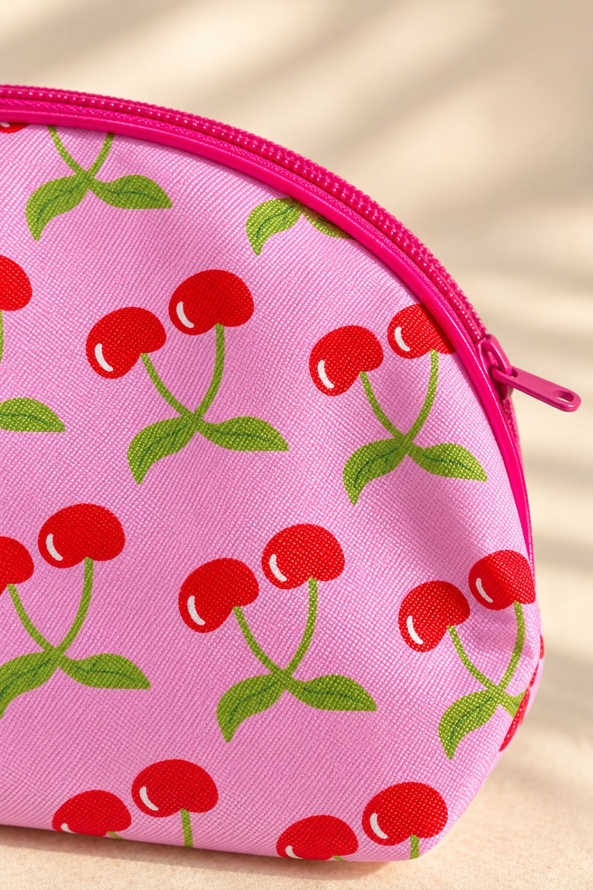 Cherry-print makeup bag close-up showing pink zipper, piping and woven surface.