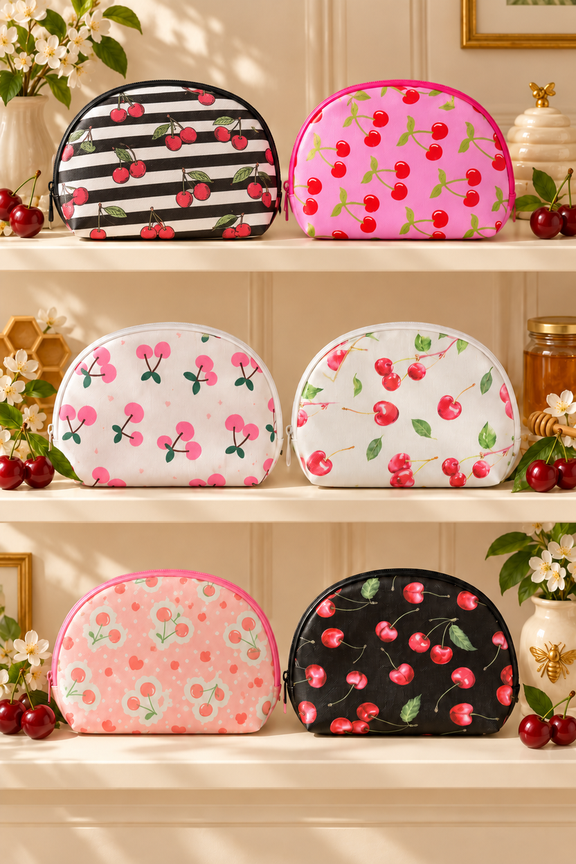 Six equal-size cherry-print makeup bags displayed two per shelf; one bag in selected design per purchase.