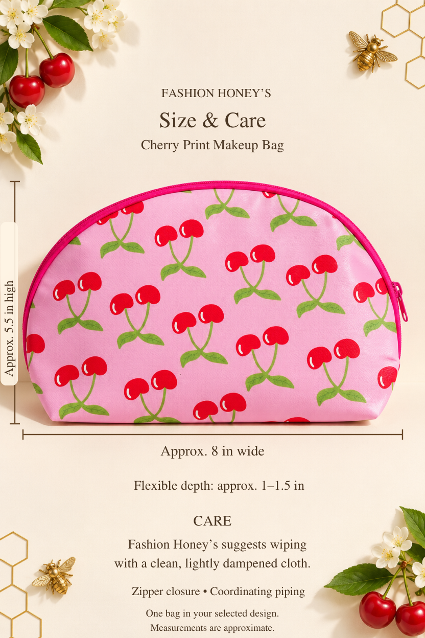 Cherry makeup bag size and care: approximately 8 inches wide by 5.5 inches high, flexible depth 1–1.5 inches; wipe with a clean, lightly dampened cloth.