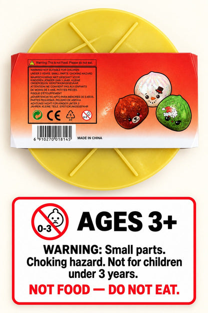 Christmas mystery dumpling package warning shown upright: ages 3+, small parts choking hazard, not for children under 3, not food