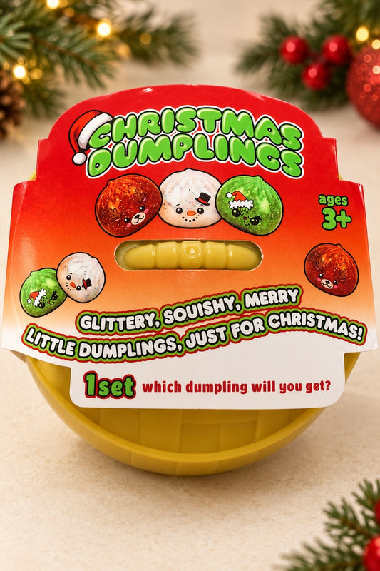 Sealed Christmas Dumplings mystery squishy in yellow steamer container, front view