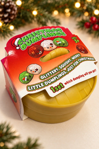 Christmas Dumplings mystery squishy sealed package, angled side view