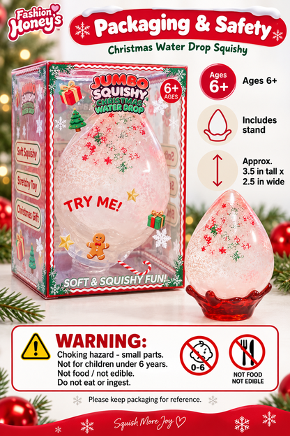 Christmas Water Drop squishy packaging and safety information