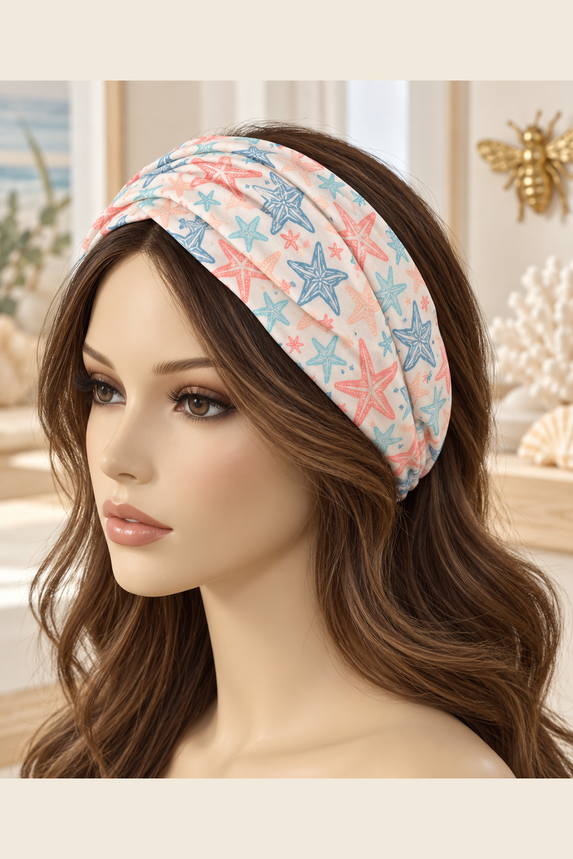 Ivory Multicolor Starfish scarf headband displayed broadly on a mannequin with long hair