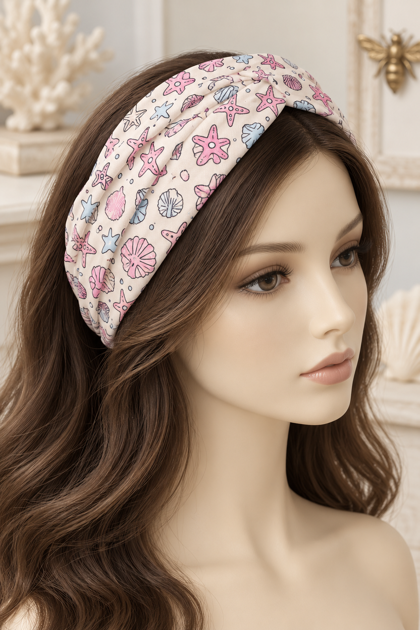 Cream & Pink Shells scarf headband displayed broadly on a mannequin with long hair