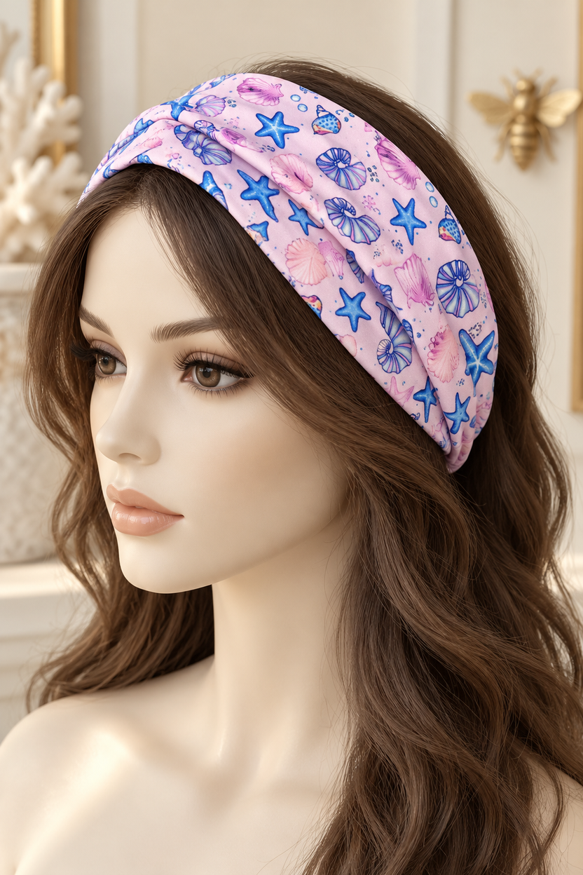 Pink & Blue Sea Life scarf headband displayed broadly on a mannequin with long hair