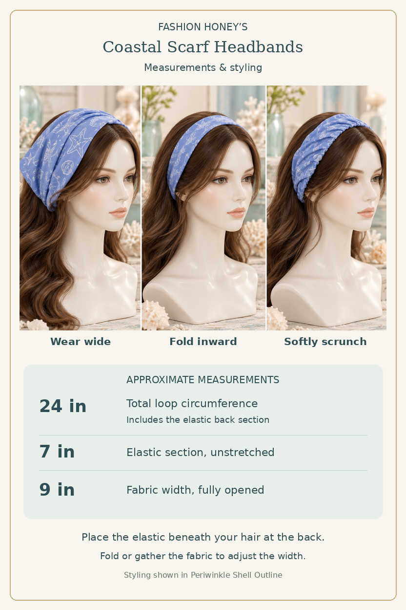 Coastal scarf headband measurement and styling guide: approximately 24-inch total loop, 7-inch unstretched elastic section, and 9-inch fully opened fabric width; Periwinkle Shell Outline shown wide, folded inward, and softly scrunched.
