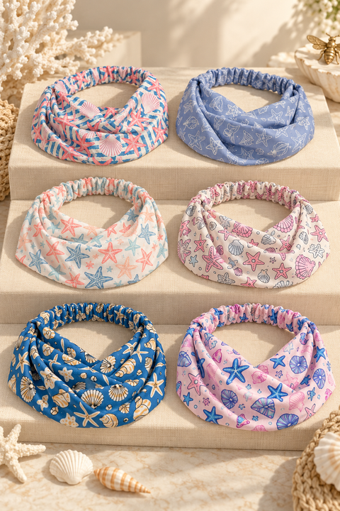 Coastal Shell & Starfish Scarf Headband with Elastic Back