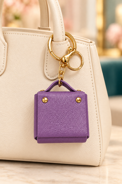 Square purple mini coin purse keychain clipped to a cream handbag; handbag is a display prop