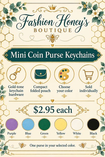 Mini coin purse keychain color choices, features and $2.95 individual price