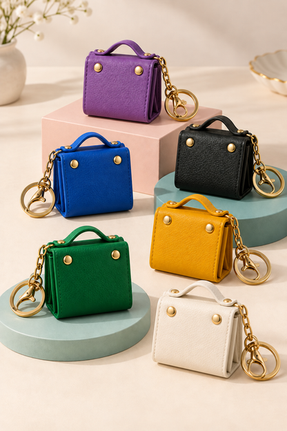 Mini coin purse keychains in Purple, Blue, Green, Yellow, White and Black; sold individually