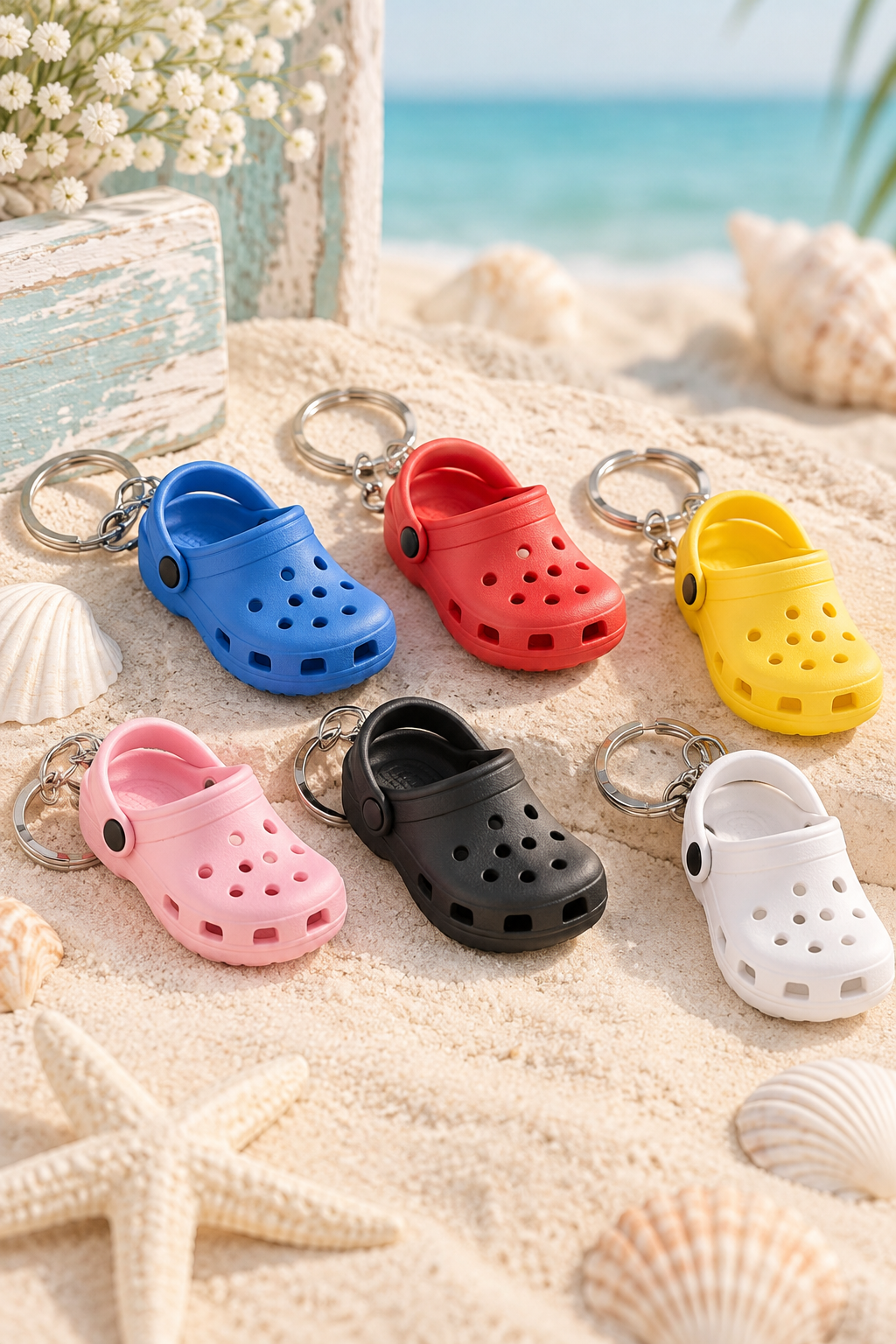 Beach display of mini clog shoe keychains