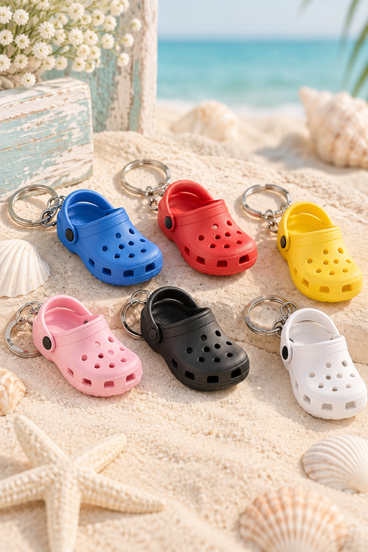 Beach display of mini clog shoe keychains