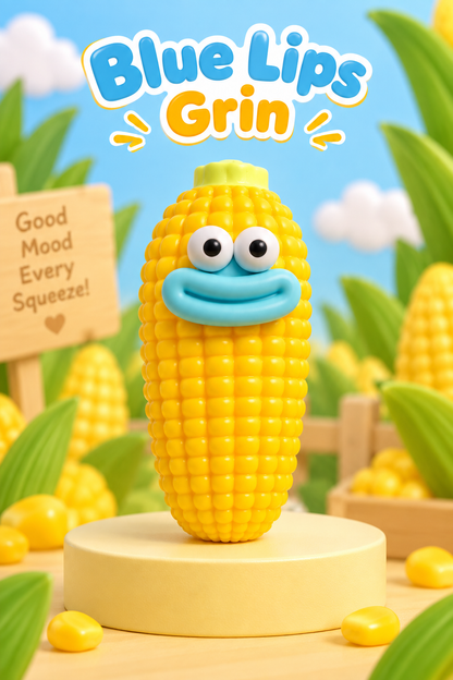Blue Lips Grin corn squeeze squishy toy with blue smiling mouth