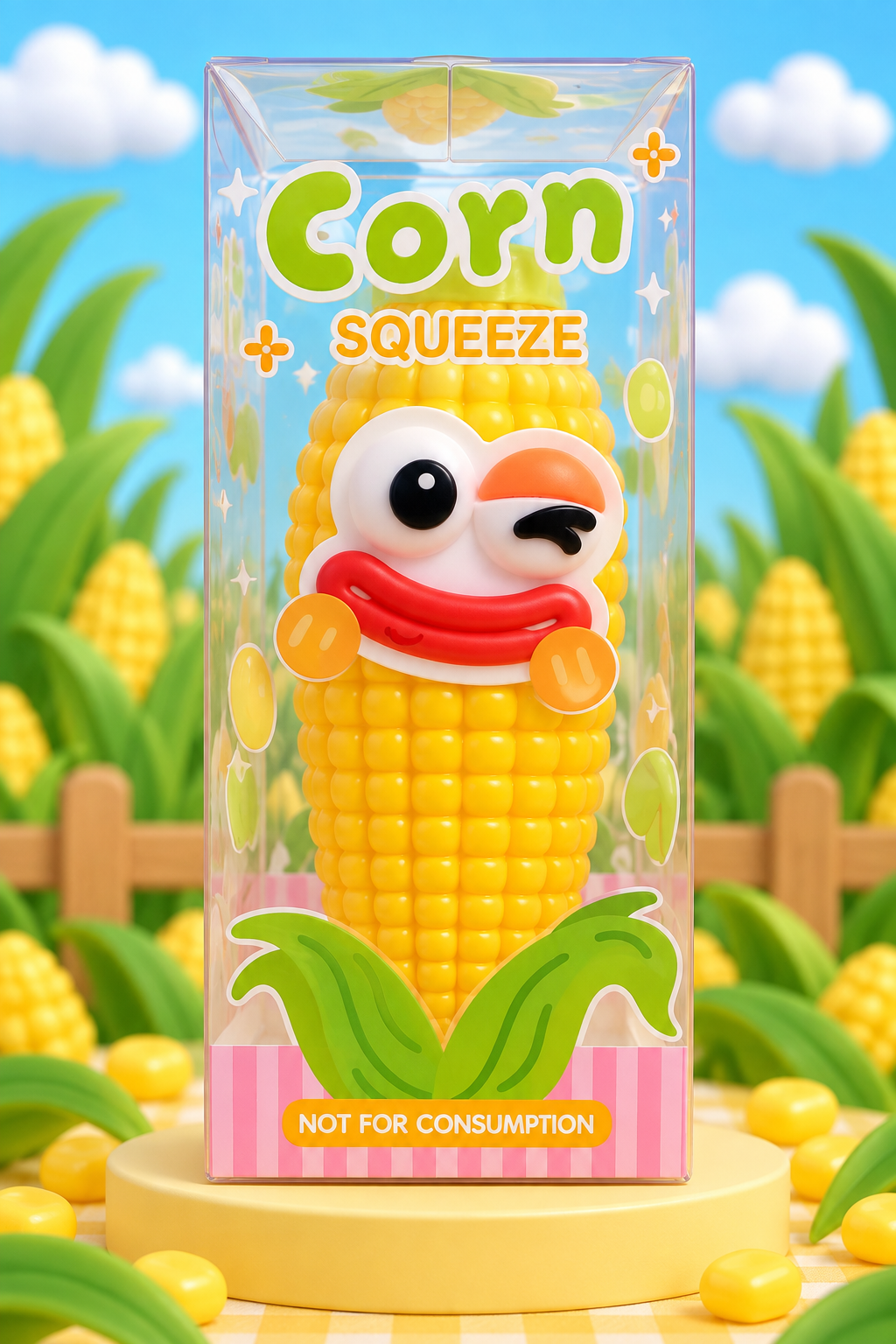 Corn Squeeze squishy toy in clear retail box packaging