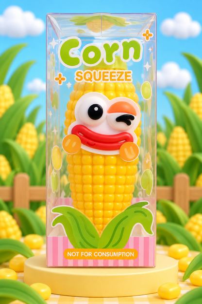 Corn Squeeze squishy toy in clear retail box packaging