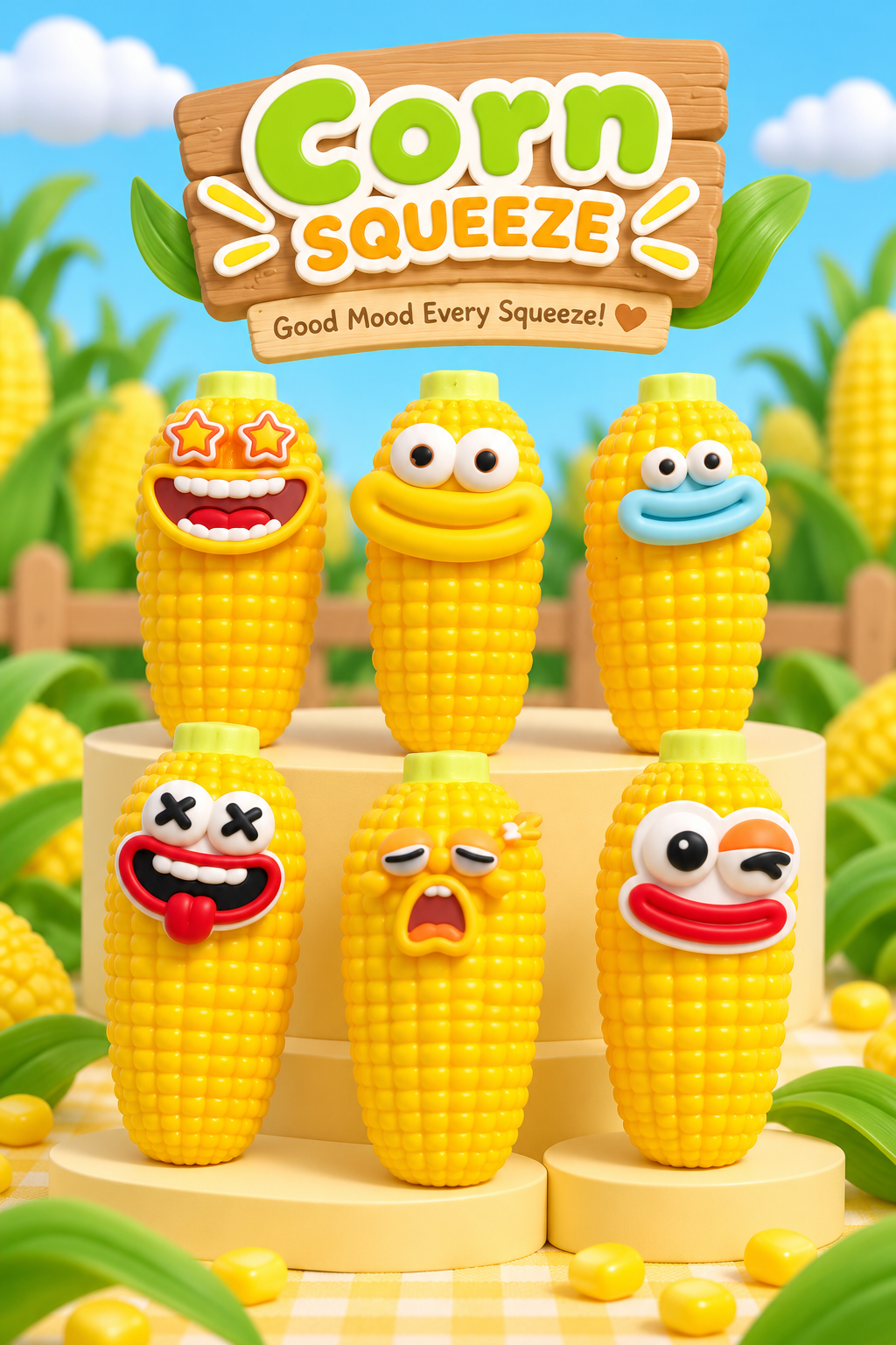 Six Corn Squeeze squishy face variants displayed together including star eyes, smiles, blue lips, tongue out, sleepy and winking faces