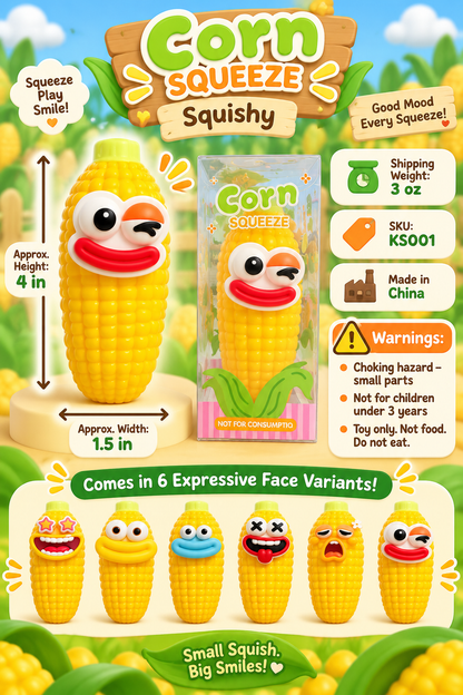 Corn Squeeze squishy size and safety guide showing approximately 4 inch height, 1.5 inch width and choking hazard warning