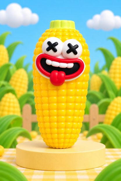 Tongue-Out Goofball corn squishy with X eyes, red mouth and tongue