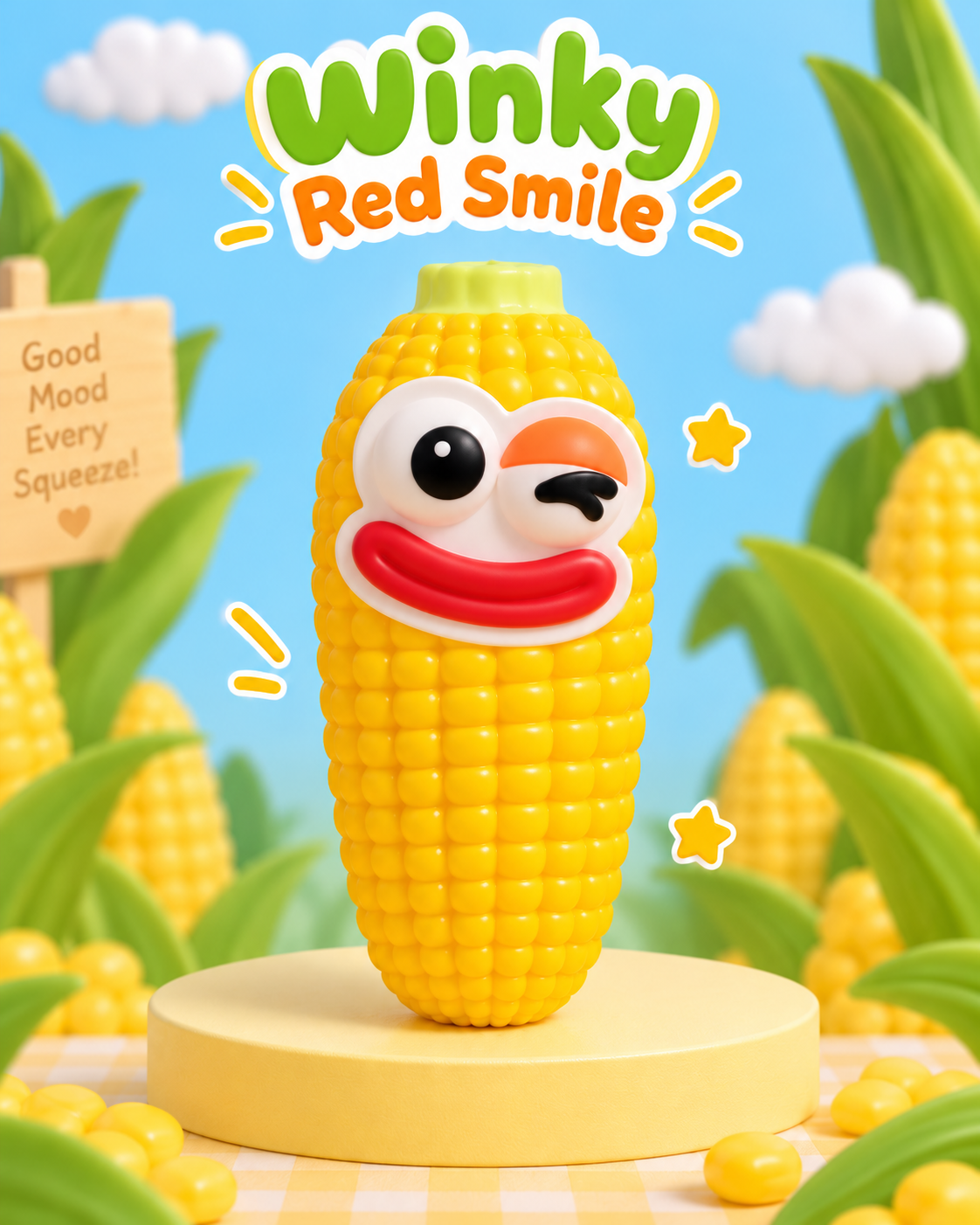 Winky Red Smile corn squeeze squishy with one open eye, orange wink and red smile
