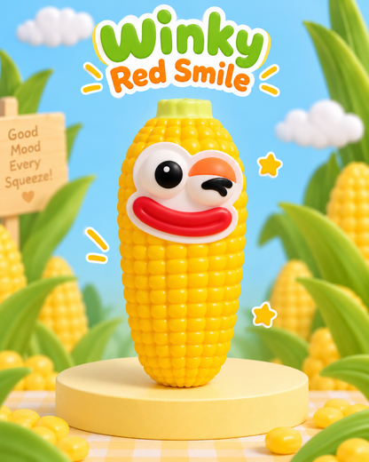 Winky Red Smile corn squeeze squishy with one open eye, orange wink and red smile