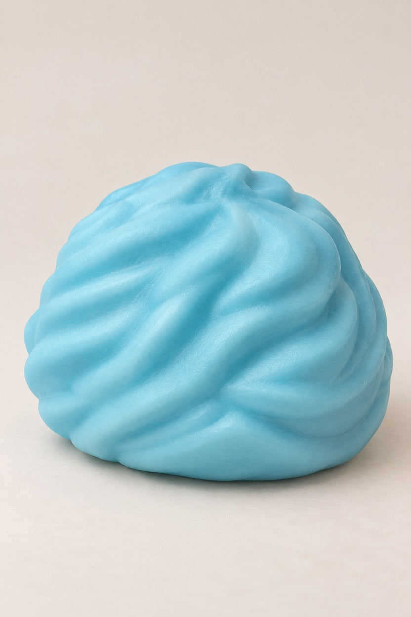 Blue Cream Roll Squishy unboxed, swirled texture