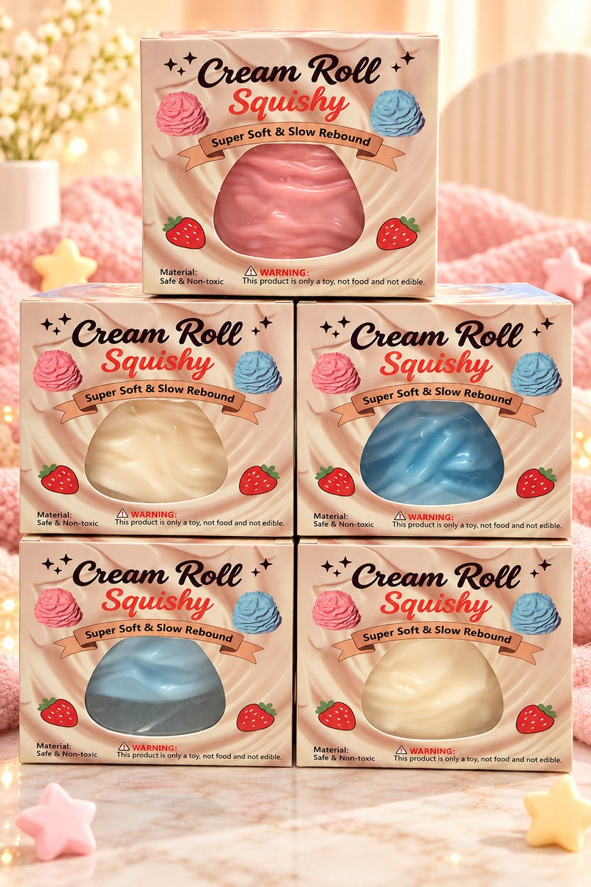 Five boxed Cream Roll Squishy toys stacked: pink atop white and blue, then blue and white