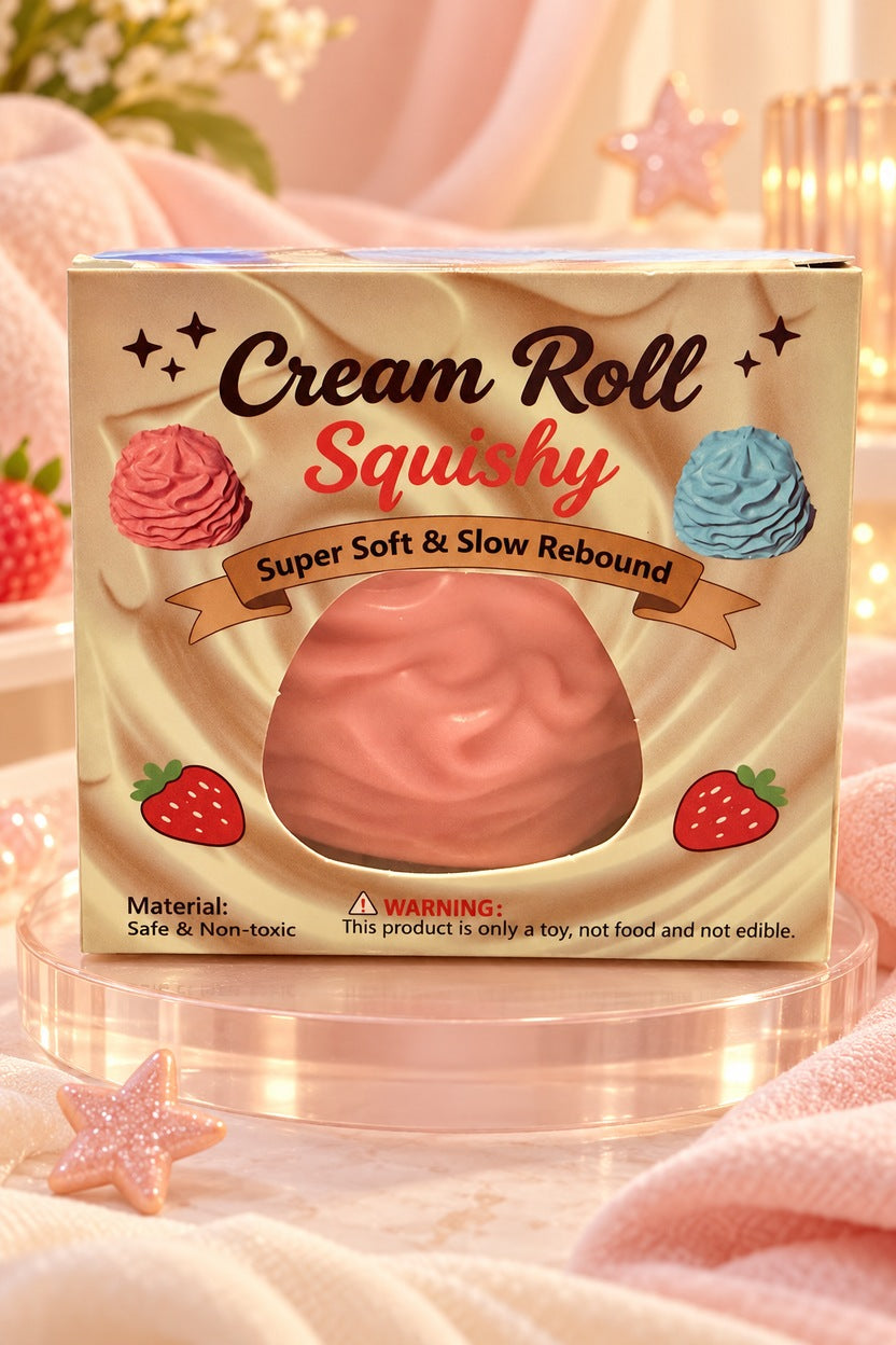 Pink Cream Roll Squishy in its retail package on a warm styled display