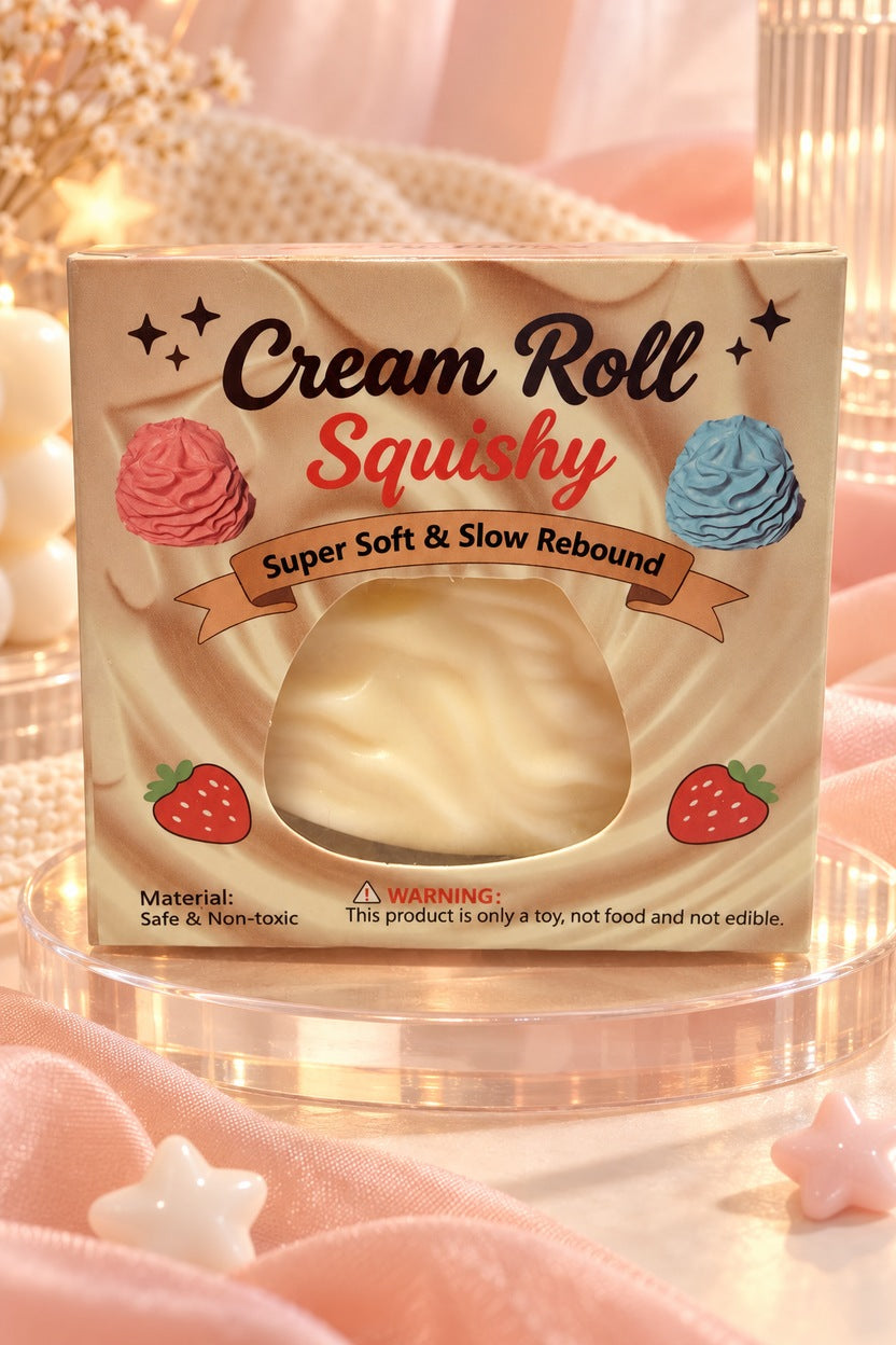 White Cream Roll Squishy in its retail package on a warm styled display
